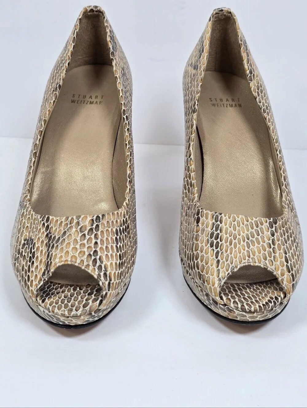 Stuart Weitzman Multicolor Python Embossed Leather Peep Toe Snakeskin Pumps 9.5
